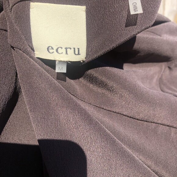 Ecru Medium Silk Blouse Top Brown V Neck Long Sleeve Pleated Button Cuffs - Picture 7 of 8